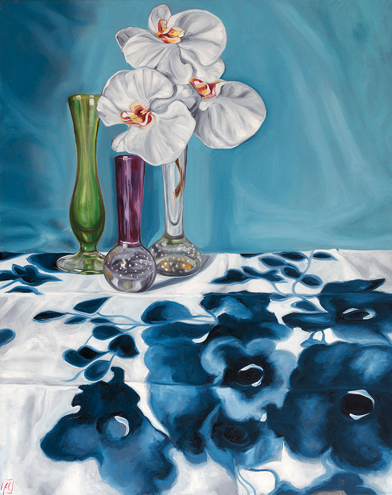 1950's Art Glass and Blue Swapcard Orchids - GICLEE PRINT