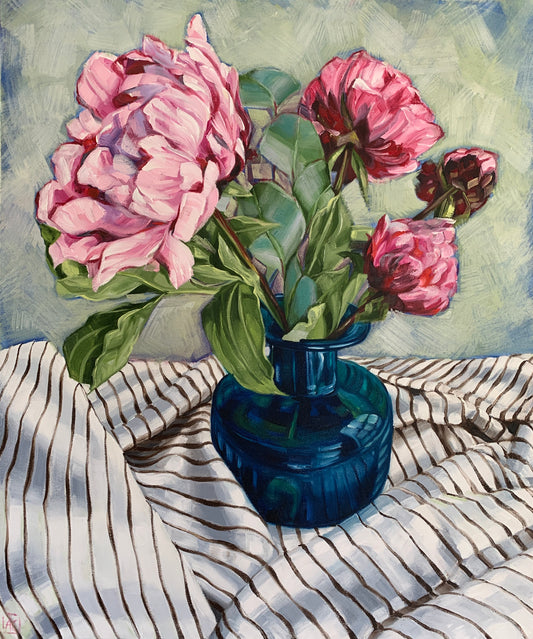 Peonies on French Ticking
